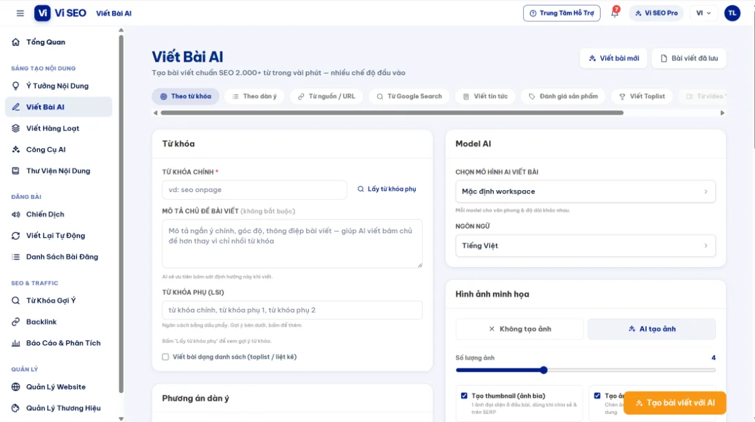 Màn hình Viết Bài AI của Vi SEO